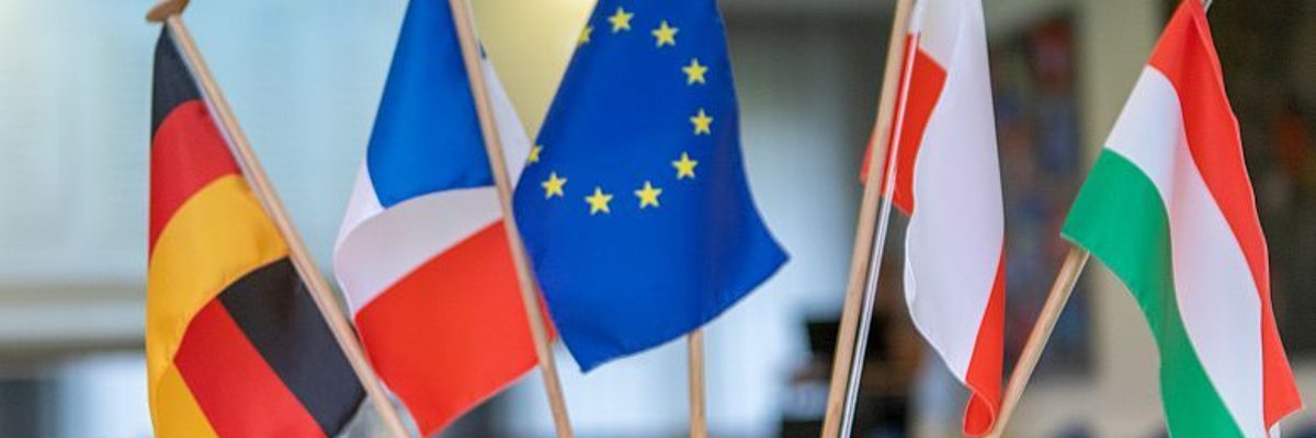 Vlaggen in de vergaderzaal van het gemeentehuis Klein vlaggendisplay met vlaggen van Duitsland, Frankrijk, Europa, Polen en Hongarije (vanaf links) in de vergaderzaal van de gezamenlijke gemeente Neuenhaus